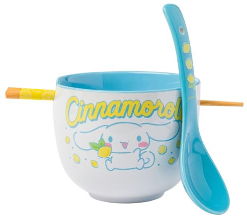Silver Buffalo Sanrio Hello Kitty and Friends Cinnamoroll Lemons Ceramic Ramen Noodle Rice Bowl with Chopsticks, Microwave Safe, 20 Ounces
