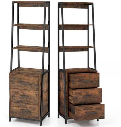 GIANTEX Leiterregal, Bücherregal mit 3 Schubladen & 3 offenen Regalen, Büroregal Industrieller Stil aus Holz & Metall, Standregal mit Kippschutz, Aufbewahrungsregal 51x40x175 cm (Vintage Braun)