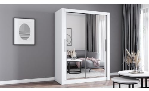 Fabryka Mebli Idźczak Kleiderschrank mit Spiegel - Schwebetürenschrank - Schlafzimmerschrank - 64 x 150 x 215 cm - Wohnzimmerschrank - Garderobenschrank, weißer Schrank mit Zwei Türen, modern