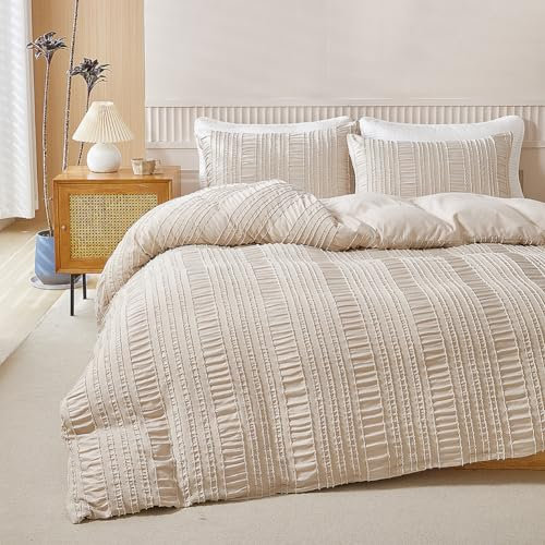 Nyescasa Musselin Bettwäsche 135x200 4teilig Beige Seersucker Getuftet Gestreift Boho Wendebettwäsche Set Weich Mikrofaser Bohemian Bettbezug mit Reißverschluss und 2 Kissenbezug 80x80 cm