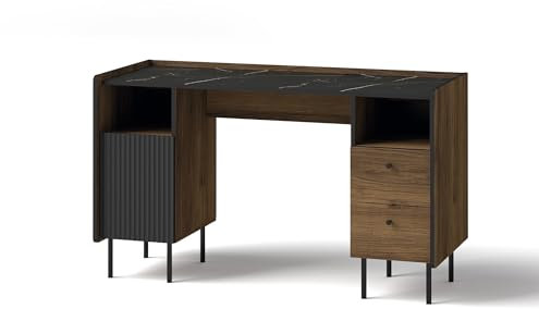 MINIO go for it - Schreibtisch PERETO 9, Computertisch 135 cm, Bürotisch mit Tür und Schubladen, Home Office Tisch, Farbe: Walnuss Warmia/San Sebastian/Schwarz Matt Farbe