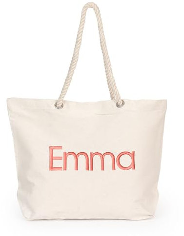 Wanapix | Pack Personalizado Bolsa de Playa + Fouta | Color Rojo | Tu Nombre Bordado en los 2 Productos | Bolso de Algodón con Asa de Cuerdas Marineras | Fouta-Toalla con Flecos para Tumbarse