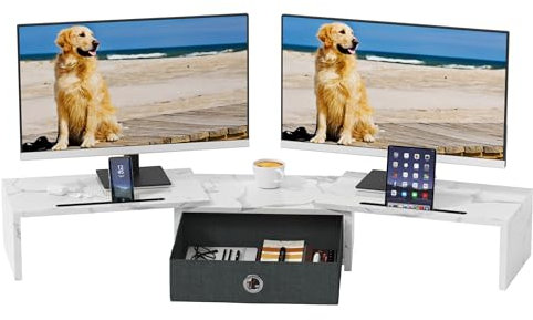 OYRREU Supporto Monitor Scrivania, Supporto 2 Monitor Rialzo Monitor da Scrivania, Supporto per Monitor con Cassetto, Supporto Schermo PC Laptop Computer Monitor Stand Accessori Scrivania
