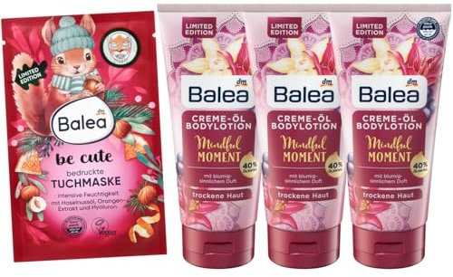 Balea 4er-Set Hautpflege: bedruckte TUCHMASKE be cute EICHHÖRNCHEN feuchtigkeitsspendend mit Orangen-Extrakt, Hyaluron & Haselnussöl (1 St) + Körperlotion Creme-Öl MINDFUL MOMENT (3 x 200 ml), 600 ml