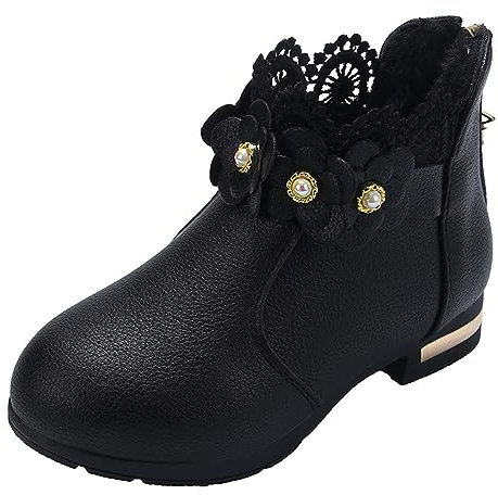Piccole/grandi scarpe per bambini stivali alla moda scarpe peluche tubo basso 3D fiori stampa stivali in pelle stivali bambina taglia 11, Nero , 35 EU
