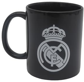 CYPBRANDS CyP Brands-Real Madrid, Taza para Desayuno en Caja, de Cerámica, 300 ml, Color Negro con Escudo en Blanco, Producto Oficial