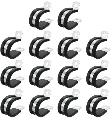 sourcing map 7/8(22mm) Cable Clamp, 304 Stainless Steel Rubber Cushioned Insulated Clamp R Shape Metal Clamp Tube Holder for Pipe Hose Wire Cord Installation 14Pcs