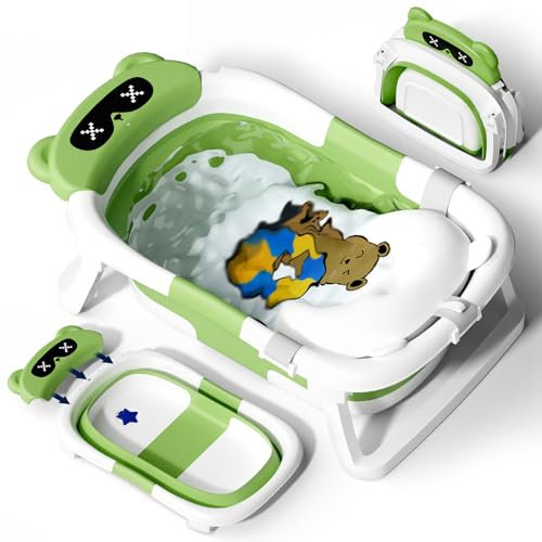 COOSEYA Baby Badewanne für 0-18 Monate, Faltbare Babybadewanne mit Weichem Polster und Temperaturempfindlichem Ablassventil, Ideale Babywanne für Neugeborene, Bär - Design (Grünen)