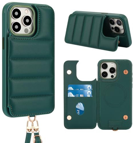 Jeffene Crossbody Klapphülle für iPhone 14 Pro Max(6,7 Zoll) mit RFID-Sperrung,Brieftasche Handyhülle mit Kartenfach,PU-Leder Klappbar Schutzhülle mit Ständer,Umhängeband+Schlüsselband,Dunkel Grün