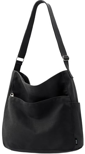Kalidi Canvas-Tragetasche, groß, Hobo-Umhängetasche, Handtasche, Reißverschluss, Kuriertasche für Damen oder Herren, Freizeit, Uni, Arbeit, Schwarz, Nutzfahrzeug