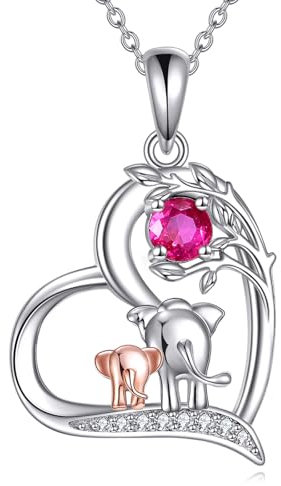 YFN July Birthday Necklace 925 Sterling Silver Good Luck Elephant Pendant Cute Animal with Love Beautiful Jewellery Gift for Women Mom Wife Daughter