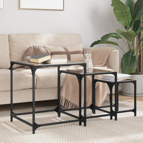 Lot de 3 tables basses gigognes en acier avec plateau en verre noir