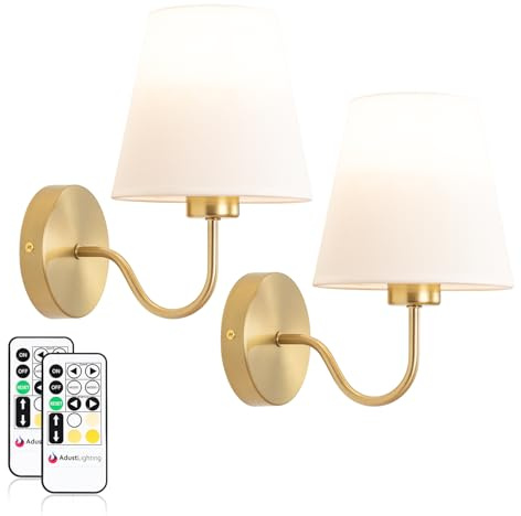 Adust Battery Operated Wall Sconce Set of Two Antique Brass Wall Lights Remote Control Dimmable Rechargeable LED Light Bulb, 3 Color Temps LED