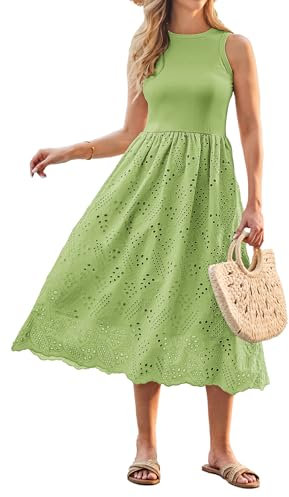 GRACE KARIN Damen 2025 Strand Sonnenkleider für Frauen ärmelloses Sommer Casual Flowy Swing Kleid mit Taschen Avocado Grün M