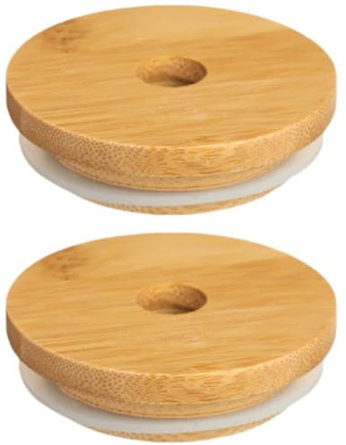 Lpitoy 2 Pcs Bamboo Lids for Glass Cups with Straw Hole, Leakproof and Compatible with Most Mason Jars