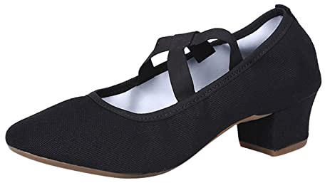 Character Dance Shoes Women, Ladies Mid Block Heel Comfort Support Work Pumps Low Heeled Strappy Slip On Cushioned Wide Fit Strap Court Shoes Dancing Slippers