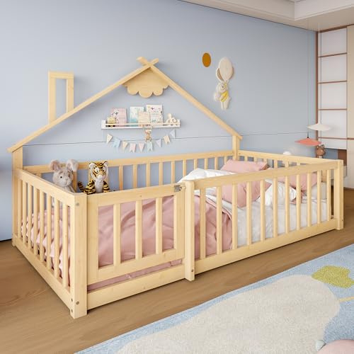 Montessori cama de suelo 90 x 190 cm, cama infantil con protección anticaídas, incluye somier y puerta, cama juvenil individual para niñas y niños