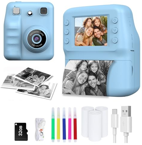 Kinderkamera Sofortbildkamera, 48MP Sofortbildkamera Kinder mit 32GB Karte & Druckpapier, 1080P Digitalkamera Kinder mit 10X, Geschenke für Jungen und Mädchen 3-12 Jahre,Blau