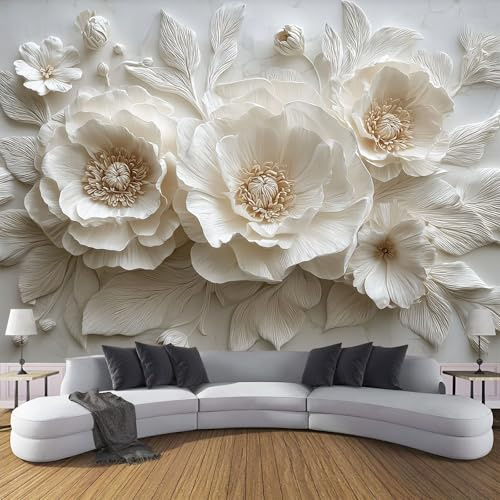 Fototapete 3D Pfingstrosen und Gänseblümchen 200x140cm Seide Foto Tapete 3D-Bildhauerei XXL Wandtapete für Wohnzimmer Schlafzimmer Esszimmer Wanddekoration, Weiß