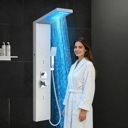 LLFFSSDG Panneau de douche en acier inoxydable brossé avec thermostat LCD, 5 fonctions : colonne de pluie, cascade, 2 jets de massage et douche manuelle