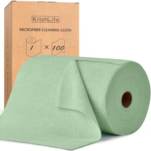 KitchLife Mikrofaser Reinigungstücher, 100 Stück pro Rolle Abreißbare Putztücher, Wiederverwendbare Fusselfreie Lappen für Küche, Haus und Auto, Erbsengrün