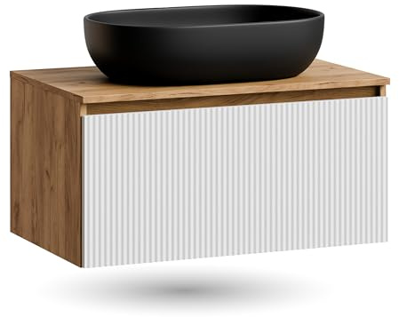 Planetmöbel Arisa Waschtisch mit Unterschrank 80 cm Gold Eiche | weiß, (geriffelt), Waschbecken 60 cm schwarz, Raumsparsiphon