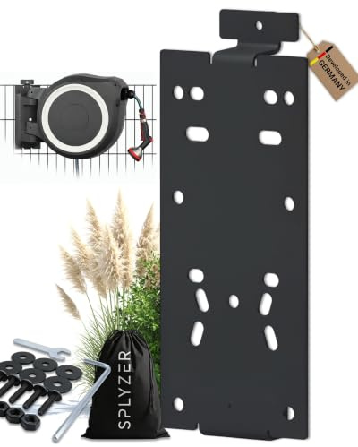 SPLYZER® Schlauchbox Halterung Zaunmontage, kompatibel mit Gardena® u.a. | Zaunhalterung für Doppelstabmattenzaun für Gartenschlauch Trommeln & Schlauchaufroller, Stahl pulverbeschichtet, RAL 7016
