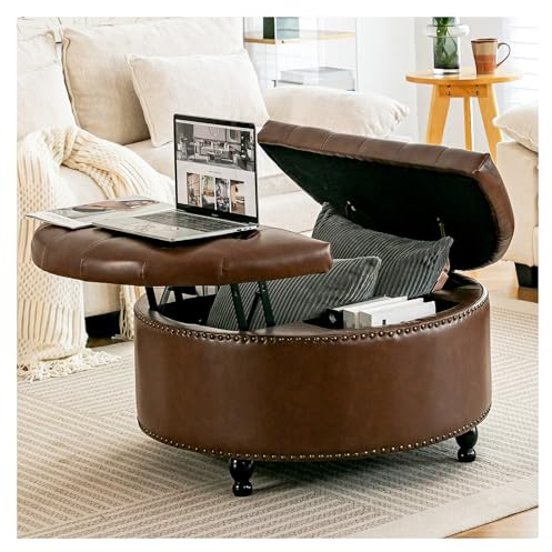 INMOZATA Round Leather Window Seat with Storage,Multi-Functional Chesterfield Ottoman Coffee Table with Lift Top Tufted Storage Ottoman for Living Room (Brown)