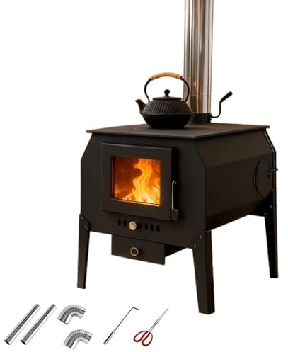 Tragbarer Holzofen mit Sichtfenster, Kaminofen Holzofen für Hütten, Camping, Zelte und Familien, Pelletofen mit Edelstahl Schornsteinrohr(50cm/20in)