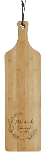 Schneidebrett personalisiert lang – Hochzeitsgeschenk Bambus mit Gravur – Holzbrett Hochzeit Namen & Datum – Langes Servierbrett schmal (Blumenkranz, Lang/Schmal)