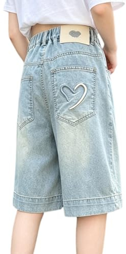 Rolanko Mädchen Jeansshorts mit Elastischer Bund, Bermuda Weite Beine Knielang Sommer Shorts für Teenager