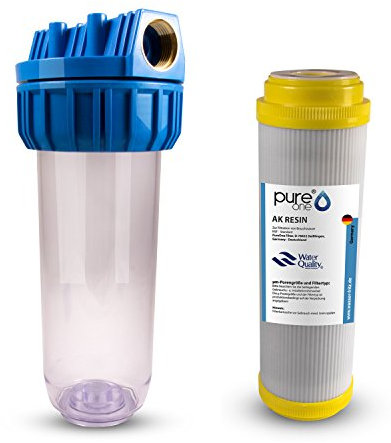 PureOne AKS1 Antikalk-Set. 1-Stufige Filteranlage. Wasser-Enthärtung bzw. Entkalkung. Filtergehäuse AntiKalk Resin Filterkartusche. Für Regenwasser, Brunnenwasser, Zisterne. 10 Zoll