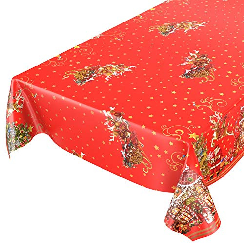 ANRO Wachstuchtischdecke Wachstuch Wachstischdecke Tischdecke Weihnachten Weihnachtsmann Rot Sterne 240x140cm eingefasst