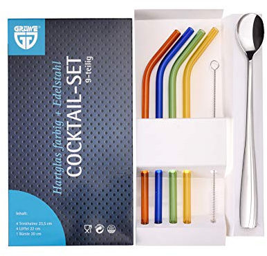GRÄWE Juego de 9 pajitas de cristal templado, multicolor