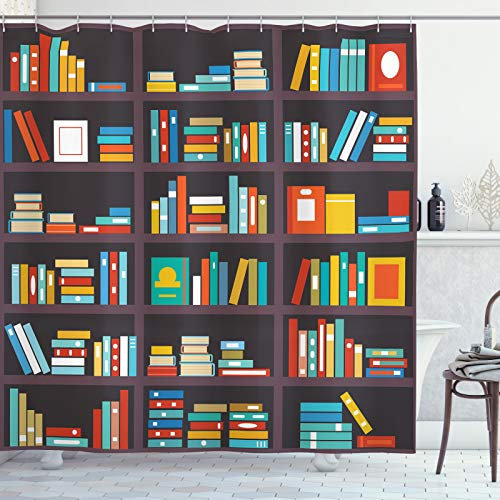 ABAKUHAUS Bücherregal Duschvorhang, Cartoon-Bunte Bücher, Stoffliches Gewebe Badezimmerdekorationsset mit Haken, 175 x 240 cm, Mehrfarbig