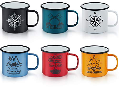E-far Emaille-Campingbecher-Set, 6 Stück, 473 ml, Metall-Emaille, Kaffee-Teetassen für Outdoor, Camping, Wandern, Rucksackreisen, Kinder, 2-seitig, einzigartiges Grafik-Design & große Größe, bunt
