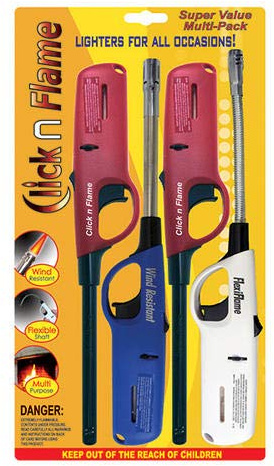 Click n Flame Utility Lighter 4-Pack - Wind Resistant Flexible Shaft Multi Purpose Lighter for BBQ, Kitchen, Candle, Fireplace, Grill