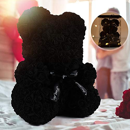 RECUTMS Rose Teddy Bear, 10 inch Artificial Flower Bears with Lights,Lighted Up Roses Gifts for Valentines Day Mothers Day Wedding Anniversary Birthday Halloween Home Bedroom Decoration(A-Black