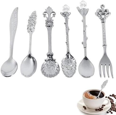 Set 6 cucchiai da caffè, cucchiai da dessert intagliati vintage Cucchiaini da frutta Cucchiaio da gelato Mini cucchiai da portata(Argento)