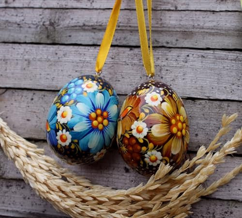 Hochwertige Ostereier aus Holz zum Aufhängen Mit Blumenmuster 2 St Set | Ukrainische traditionelle Petrykiwka-Malerei