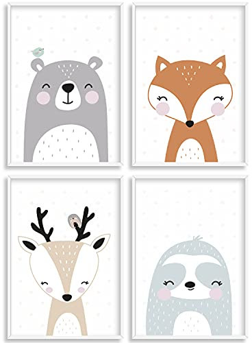 HappyArts® | Kinderzimmer Bilder A4 Poster 4er Set Deko Mädchen Junge Babyzimmer | Skandinavische Tiere Fuchs Bär Reh Faultier OHNE RAHMEN