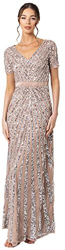 Maya Deluxe Damen Maya Deluxe Short Sleeve Stripe Embellished Maxi Bridesmaid Dress, Taupe, 48 EU