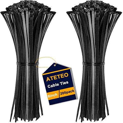 ATETEO Bridas de cremallera para cables, paquete de 200 bridas duraderas de 8 pulgadas, bridas de nailon con cierre automático, bridas multiusos, para atar cables, plantas, paquetes, negro