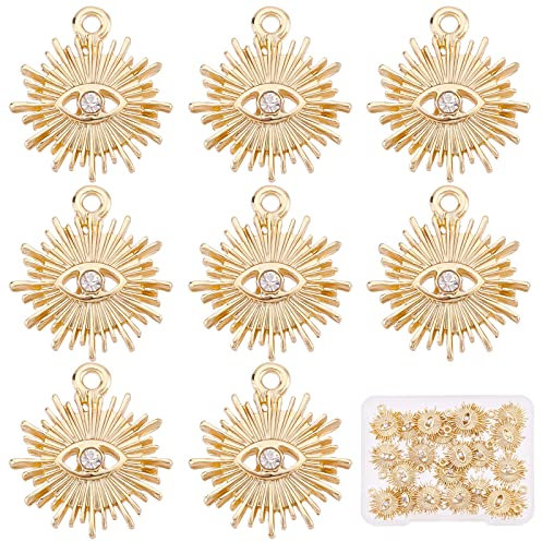 SUNNYCLUE 1 Box 22Pcs 18K Gold Plated Evil Eye Charms Bulk Rhinestone Charms for Jewelry Making Alloy Sun Charm Pendants Earring Necklace Bracelet Supplies Adult Craft