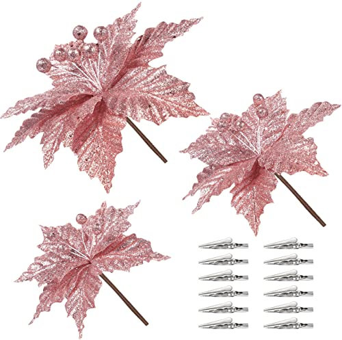 Toddmomy 12pcs Christmas Flower Bauble Christmas Tree Poinsettia Decoration Giant Pink Arrangement Glitter Hanging Tree Flowers Fake Flowers for Christmas Tree Cute Tree Decorations Flannel