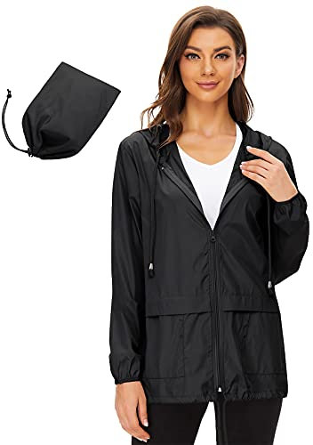 Durio Veste de pluie légère pour femme - Imperméable - Respirante - Pliable - Coupe-vent - Avec capuche - Veste softshell - Veste de cyclisme, Noir , XL