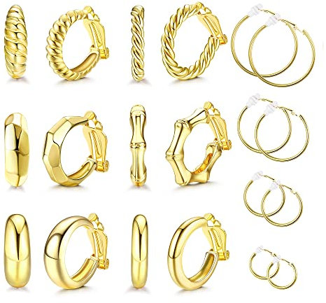 JeweBella 10 Paare Ohrringe Clip Damen Mädchen 14K Gold Chunky Creolen Ohrclips Ohne Ohrlöcher Hypoallergen Non Piercing Twist Creolen Ohrringe Gold Set Modeschmuck Geschenk