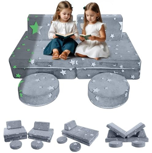 MeMoreCool Kinder Spielsofa Bett, Glow Stars Modular Kleinkind Couch Stuhl für Spielzimmer, 8-teiliges ausklappbares Couch-Spielset, kreative Baby-Couch, Kinder wandelbares Sofa
