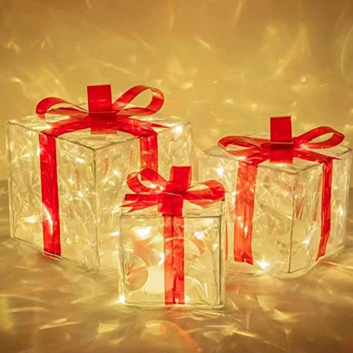 Juego de 3 Cajas iluminadas de Navidad, Cajas de Regalo con Luces LED de Navidad, Decoraciones Actuales | Excelente Fiesta de Patio al Aire Libre Decoraciones Debajo del árbol