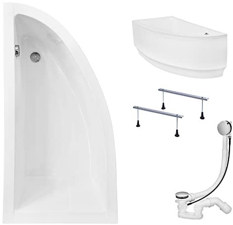 KOLMAN Badewanne PRAKTIKA Eckbadewanne 140x70 Links mit AcrylSchürze, Ablaufgarnitur und Füßen Komplettset 4in1 Premium Original Acryl Wanne Siphon